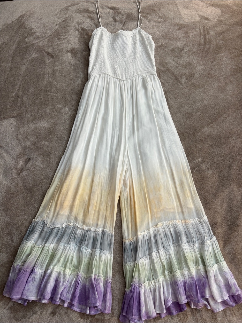 Storia White Ombre Tie-Dye Jumpsuit with Purple, Green & Gray Ruffle Hem